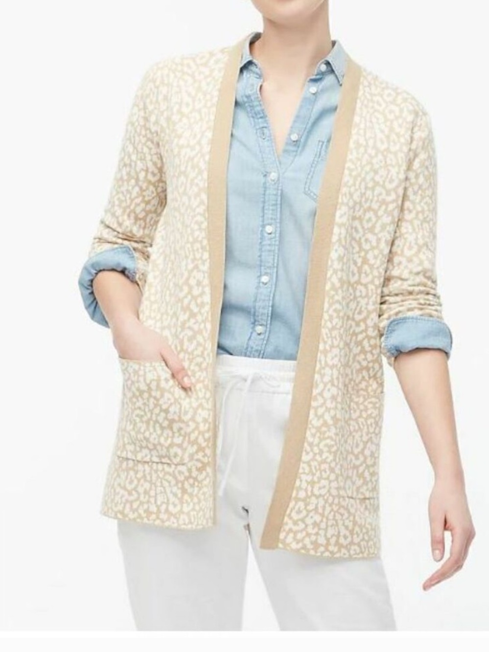 J. Crew Beige and Cream Leopard-Print Open Cardigan